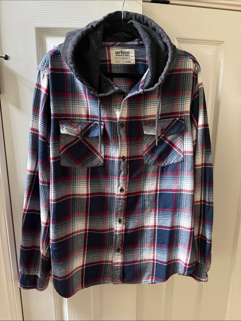 Urban Pipeline Hooded Plaid Shirt Jacket - Navy, Red, White